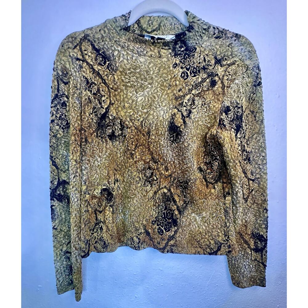 Vtg Petite Conrad C Mock Neck Black And Golden Long Sleeve Crinkle Top Size M
